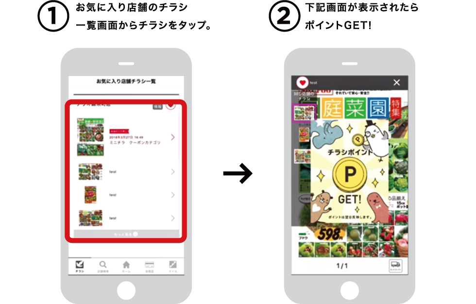 1お気に入り店舗のチラシ一覧画面からチラシをタップ。 2下記画面が表示されたらポイントGET!