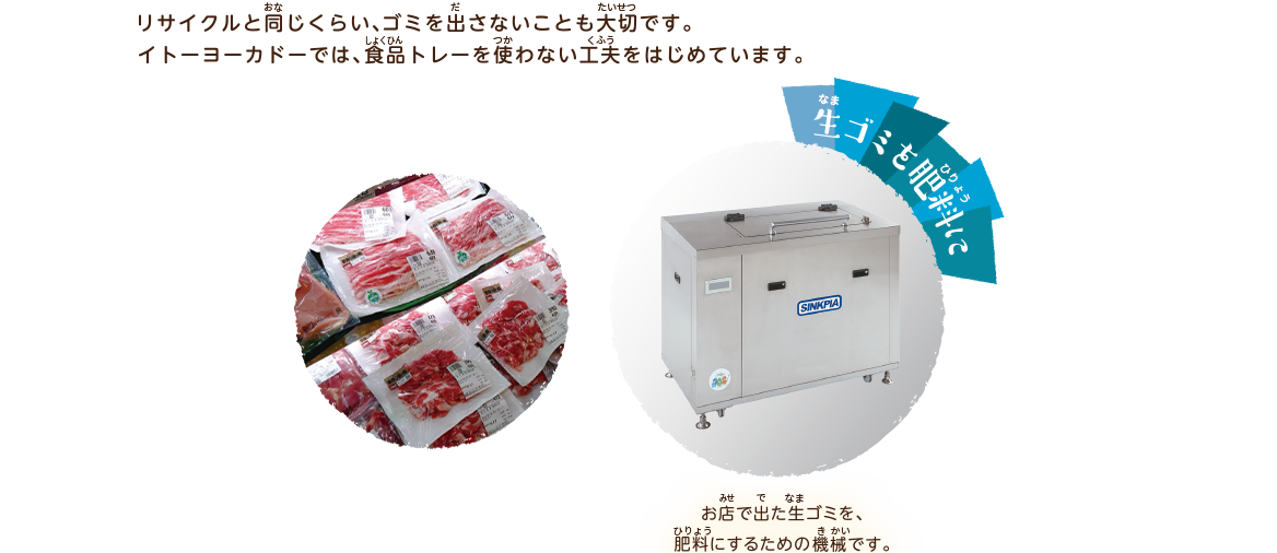 7. 売場の外ではどんな工夫をしてるのかな?|食品トレーを使わない工夫|生ゴミを肥料に