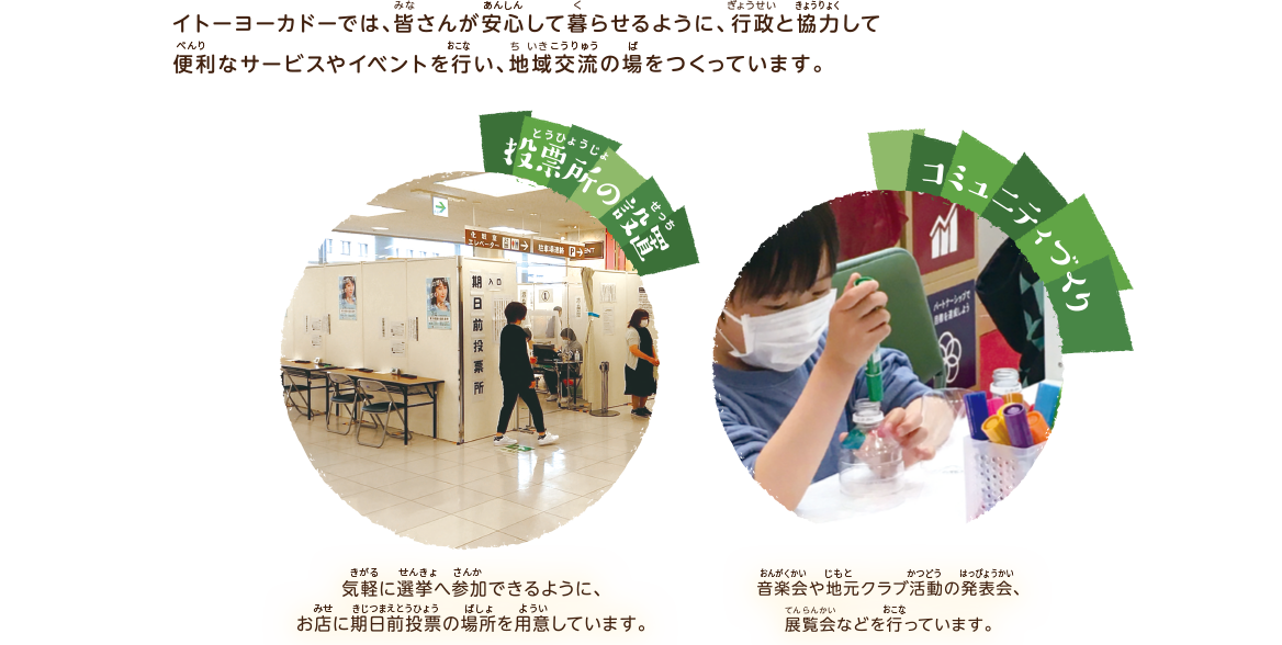 10. 売場以外にもたくさんの人がいるね。なにをしてるのかな?|投票所の設置|コミュニティづくり(音楽界やクラブ活動の発表会、展覧会)