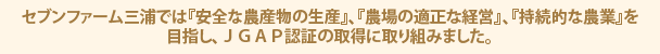 セブンファーム三浦では『安全な農産物の生産』、『農場の適正な経営』、『持続的な農業』を目指し、ＪＧＡＰ認証の取得に取り組みました。