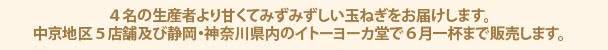 ４名の生産者より甘くてみずみずしい玉ねぎをお届けします。中京地区５店舗及び静岡・神奈川県内のイトーヨーカ堂で６月一杯まで販売します。