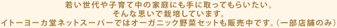 若い世代や子育て中の家庭にも手に取ってもらいたい。そんな思いで栽培しています。イトーヨーカ堂ネットスーパーではオーガニック野菜セットも販売中です。（一部店舗のみ）