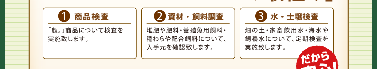 1、商品調査：「顔。」商品について検査を実施致します。　2、資材・資料調査：堆肥や肥料・養殖魚用飼料・稲わらや配合飼料について、入手元を確認致します。　3、水・土壌調査：畑の土・家畜飲用水・海水や飼養水について、定期検査を実施致します。　だから安心！