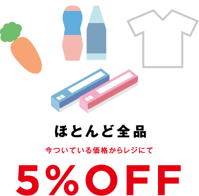 ほとんど全品今ついている価格からレジにて5%OFF