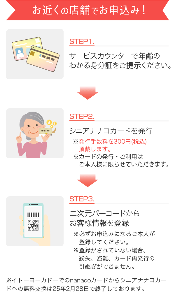[お近くのイトーヨーカドー店舗でお申込み！]STEP1STEP1.サービスカウンターで年齢のわかる身分証をご提示ください。※発行はご本人様に限らせていただきます。/STEP2.シニアナナコカードを発行※発行手数料を300円(税込)頂戴します。/STEP3. 二次元バーコードからお客様情報を登録※必ずお申込みになるご本人が登録してください。※登録がされていない場合、紛失、盗難、カード再発行の引継ぎができません。