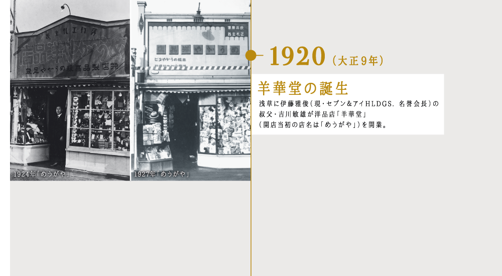 1920（大正9年）羊華堂の誕生 浅草に伊藤雅俊（現・セブン＆アイHLDGS. 名誉会長）の叔父・吉川敏雄が洋品店「羊華堂」（開店当初の店名は「めうがや」）を開業。