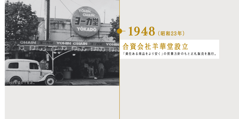 1948（昭和23年）合資会社羊華堂設立 「責任ある商品をより安く」の営業方針のもと正札販売を施行。