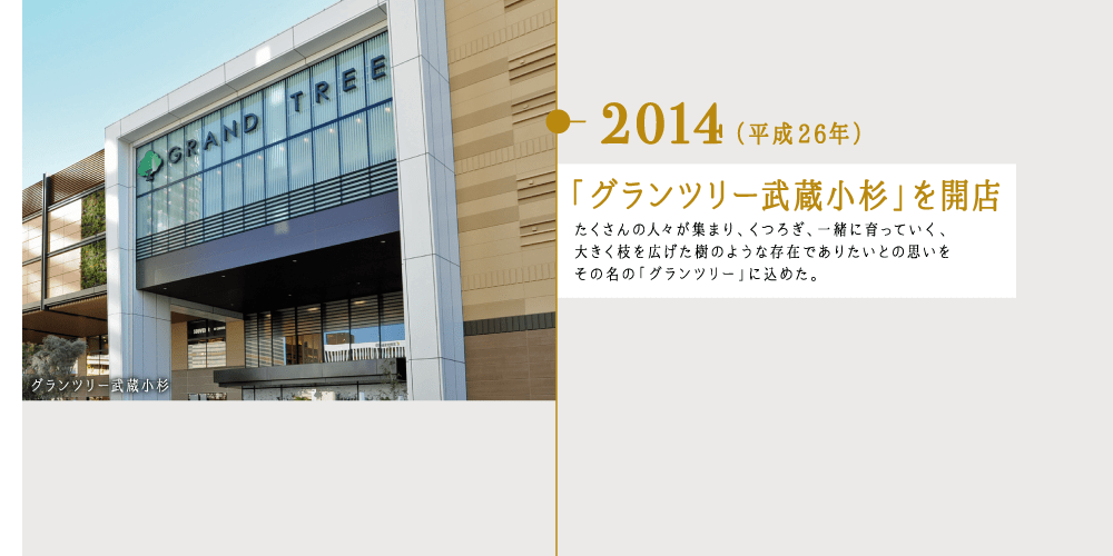 2014（平成26年）「グランツリー武蔵小杉」を開店 たくさんの人々が集まり、くつろぎ、一緒に育っていく、大きく枝を広げた樹のような存在でありたいとの思いをその名の「グランツリー」に込めた。