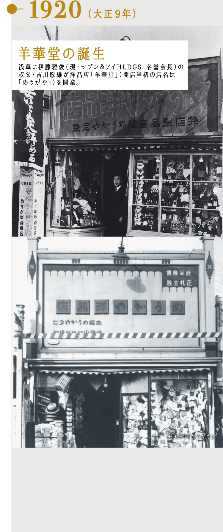 1920（大正9年）羊華堂の誕生 浅草に伊藤雅俊（現・セブン＆アイHLDGS. 名誉会長）の叔父・吉川敏雄が洋品店「羊華堂」（開店当初の店名は「めうがや」）を開業。