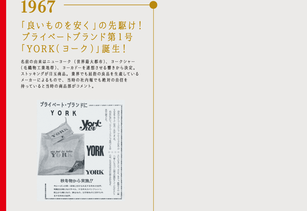 1967 「良いものを安く」の先駆け！プライベートブランド第１号「YORK（ヨーク）」誕生！