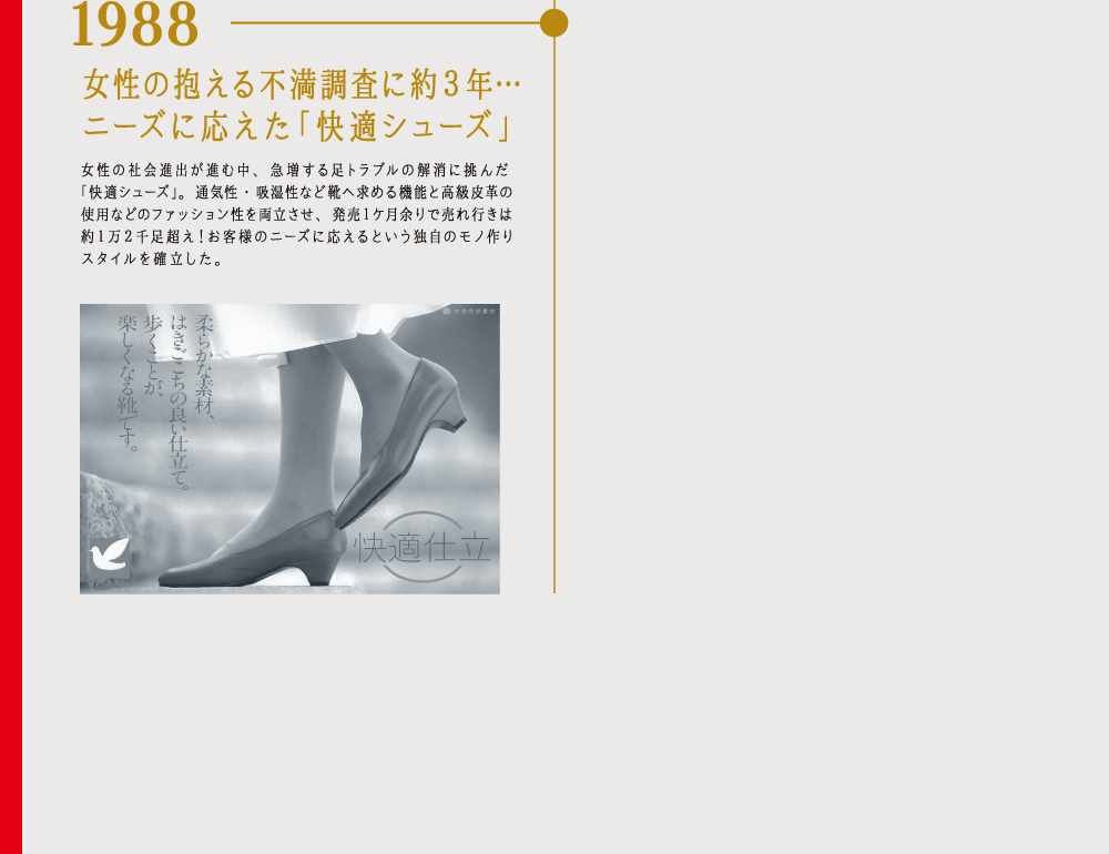 1988 女性の抱える不満調査に約３年…ニーズに応えた「快適シューズ」