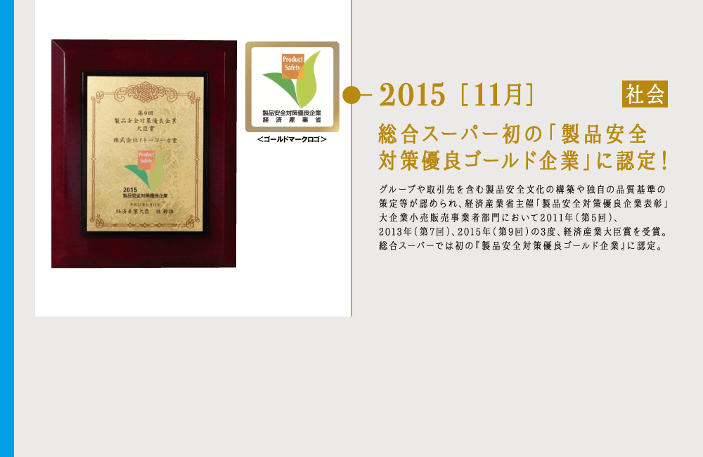 2015 ［11月］総合スーパー初の「製品安全対策ゴールド優良企業」に認定！ 