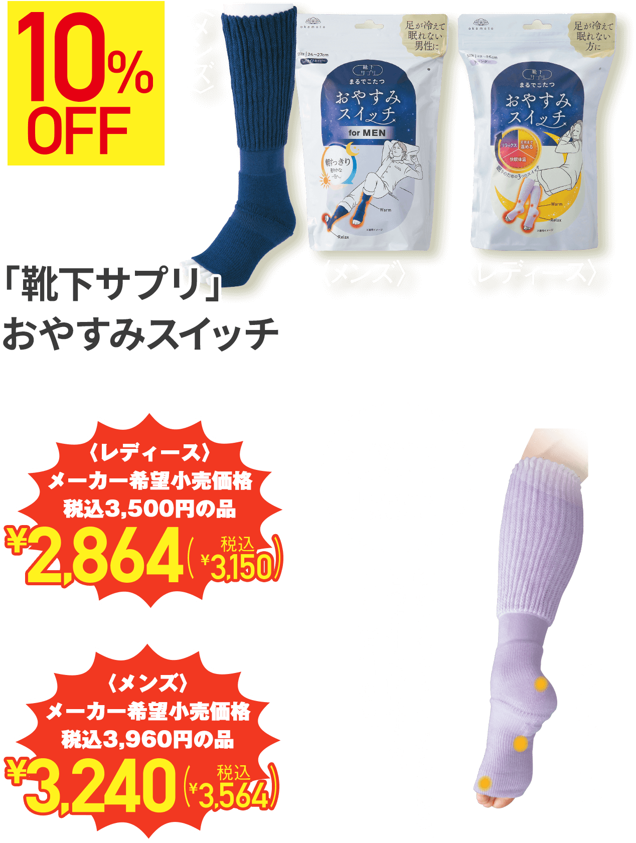 10%OFF 足が冷えて眠れない方に 眠りのための3つのスイッチ ①足先まで温める ②快眠体温 ③リラックス 「靴下サプリ」おやすみスイッチ 〈レディース〉税込3,500円の品 ¥2,864(税込¥3,150) 〈メンズ〉税込3,960円の品 ¥3,240(税込¥3,564)