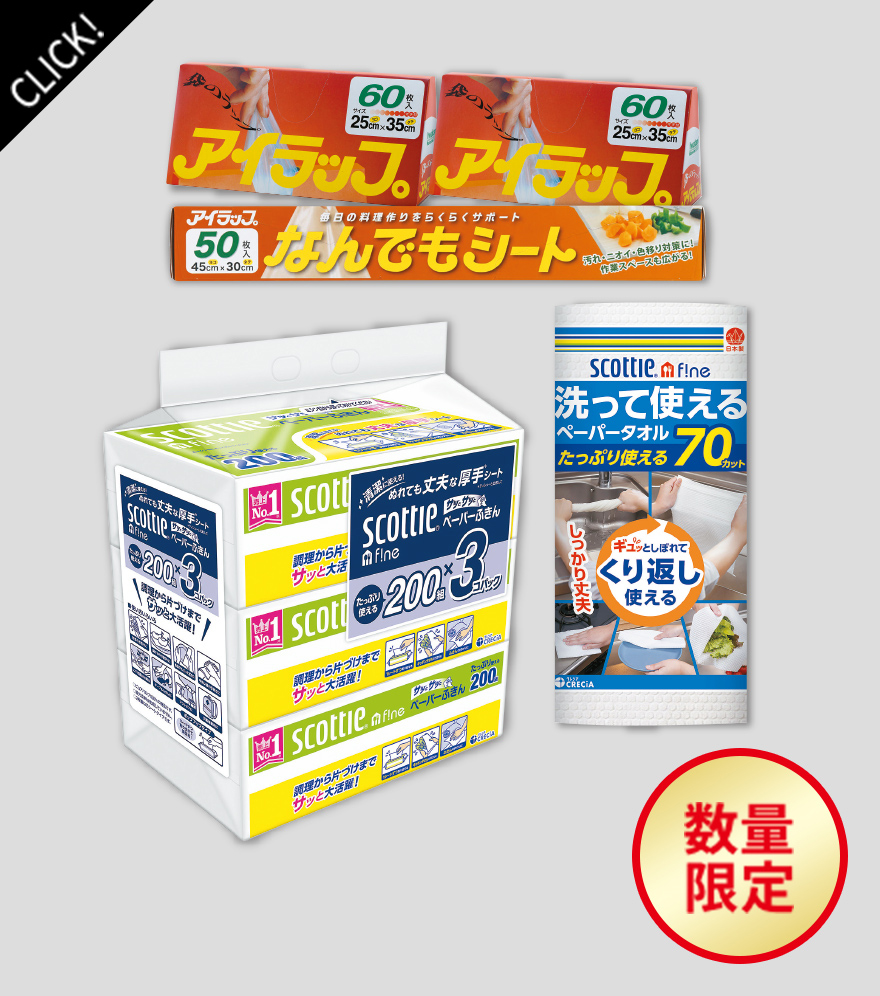 キッチン周り時短・簡便5点セット（アイラップ（60枚入）×2コ、なんでもシート、サッとサッと200組3コパック、洗って使えるペーパータオル）