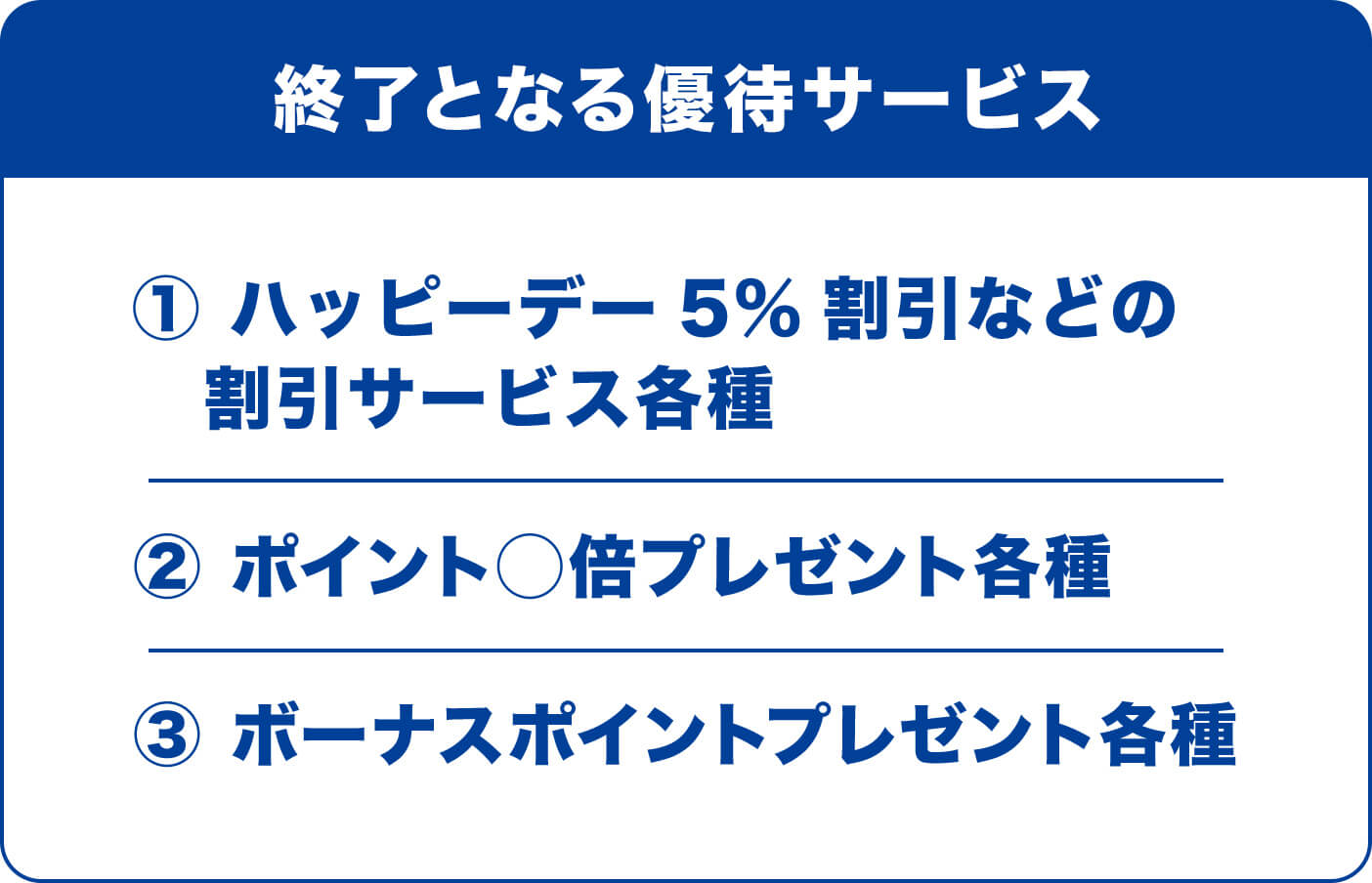 終了となる優待サービス (1)ハッピーデー5%割引などの　割引サービス各種 (2)ポイント◯倍プレゼント各種 (3)ボーナスポイントプレゼント各種
