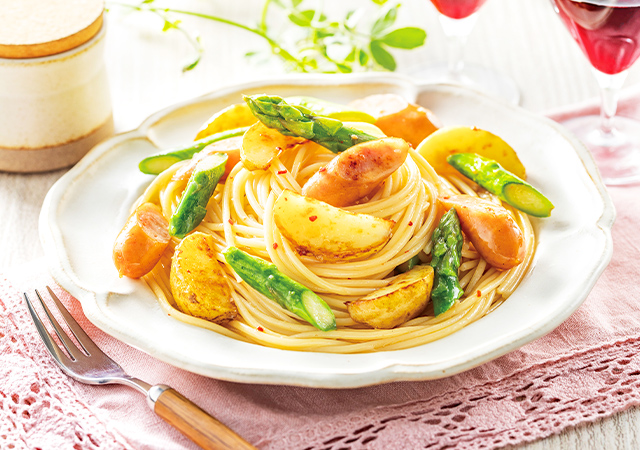 アスパラと新じゃがのジャーマンポテトパスタ