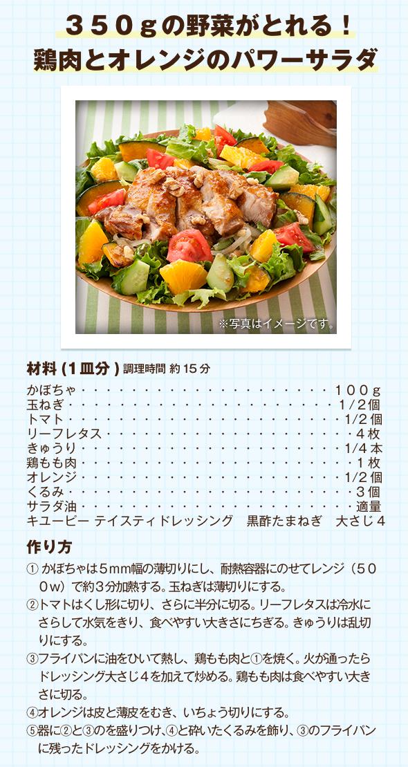 ３５０ｇの野菜がとれる！鶏肉とオレンジのパワーサラダ