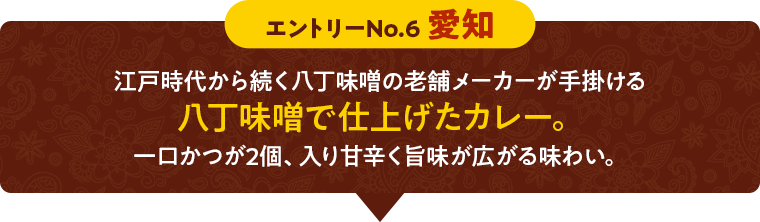 エントリーNo.6 愛知　江戸時代から続く八丁味噌の老舗メーカーが手掛ける八丁味噌で仕上げたカレー。一口かつが2個、入り甘辛く旨味が広がる味わい。