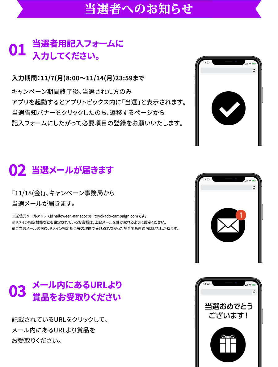 当選者へのお知らせ