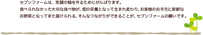 セブンファームは、笑顔の輪を作るためにがんばります。食べられなかった大切な食べ物が、畑の栄養にとなって生まれ変わり、お客様の手元に新鮮なお野菜となってまた届けられる、そんなつながりができることが、セブンファーム願いです。