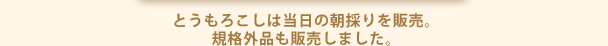 とうもろこしは当日の朝採りを販売。規格外品も販売しました。