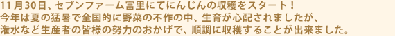 11月30日、セブンファーム富里にてにんじんの収穫をスタート！今年は夏の猛暑で全国的に野菜の不作の中、生育が心配されましたが、潅水など生産者の皆様の努力のおかげで、順調に収穫することが出来ました。