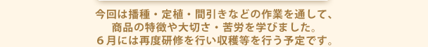 今回は播種・定植・間引きなどの作業を通して、 商品の特徴や大切さ・苦労を学びました。 ６月には再度研修を行い収穫等を行う予定です。