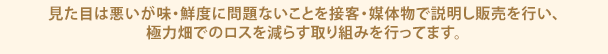 見た目は悪いが味・鮮度に問題ないことを接客・媒体物で説明し販売を行い、極力畑でのロスを減らす取り組みを行ってます。