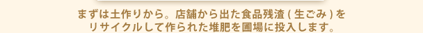 まずは土作りから。店舗から出た食品残渣(生ごみ)を リサイクルして作られた堆肥を圃場に投入します。