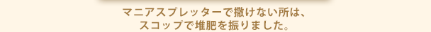 マニアスプレッターで撒けない所は、スコップで堆肥を振りました。