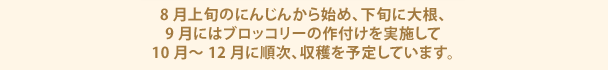 8月上旬のにんじんから始め、下旬に大根、9月にはブロッコリーの作付けを実施して10月～12月に順次、収穫を予定しています。