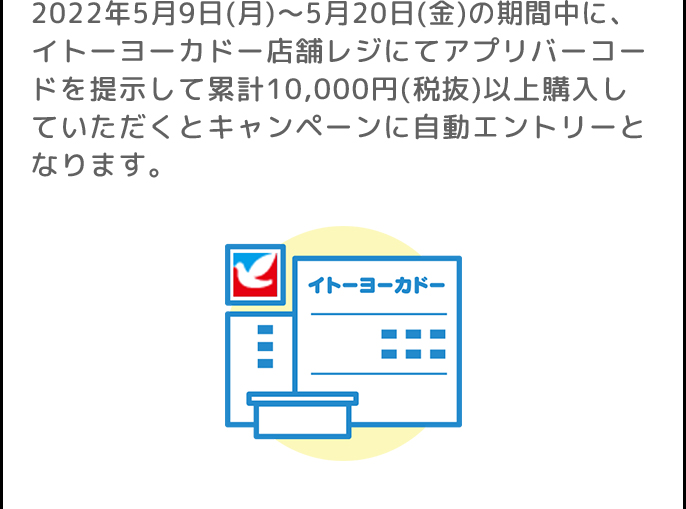 2022年5月9日(月)~5月20日(金)の期間中に、イトーヨーカドー店舗レジにてアプリバーコードを提示して累計10,000円(税抜)以上購入していただくとキャンペーンに自動エントリーとなります。