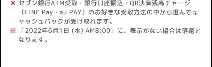 ※セブン銀行ATM受取・銀行口座振込・QR決済残高チャージ(LINE Pay・au PAY)のお好きな受取方法の中から選んでキャッシュバックが受け取れます。 | ※「2022年6月1日 (水)」に、表示がない場合は落選となります。