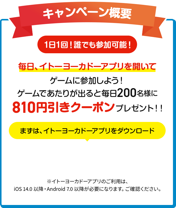 「キャンペーン概要」毎日、イトーヨーカドーアプリを開いて
							ゲームに参加しよう！ゲームであたりが出ると810円引きクーポンプレゼント！！