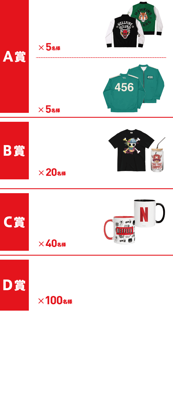 A賞_Netflixグッズ 2万円相当10名様/B賞_Netflixグッズ 1万円相当20名様/C賞_Netflixグッズ 5000円相当50名様/D賞_Netflixグッズ商品詰め合わせ100名様/※当選数は全店舗の合計です。