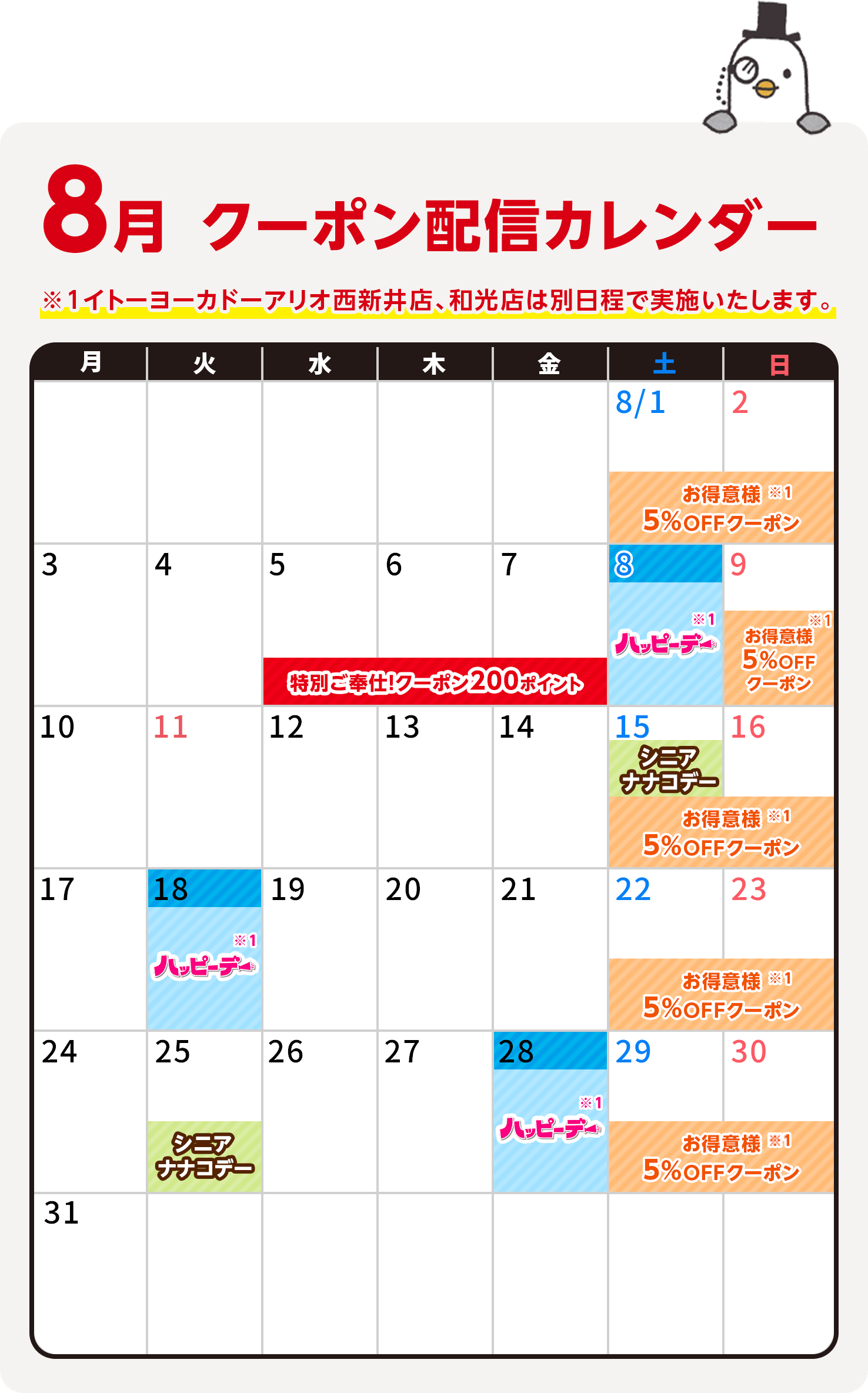 8月のクーポン配信カレンダー