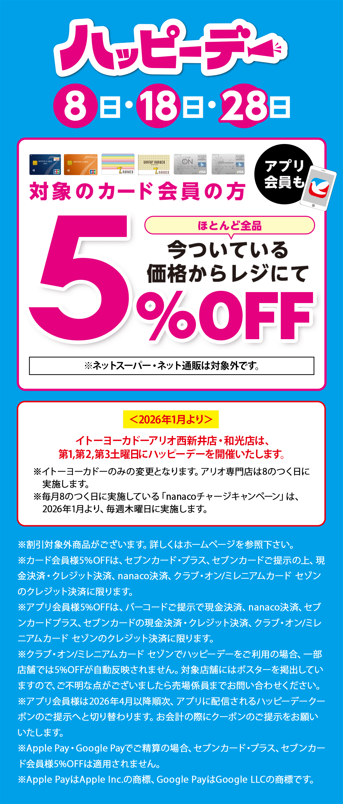 8日・18日・28日はハッピーデー/＜2026年1月より＞イトーヨーカドーアリオ西新井店・和光店は、第1,第2,第3土曜日にハッピーデーを開催いたします。※イトーヨーカドーのみの変更となります。アリオ専門店は8のつく日に実施します。※毎月8のつく日に実施している「nanacoチャージキャンペーン」は、2026年1月より、毎週木曜日に実施します。