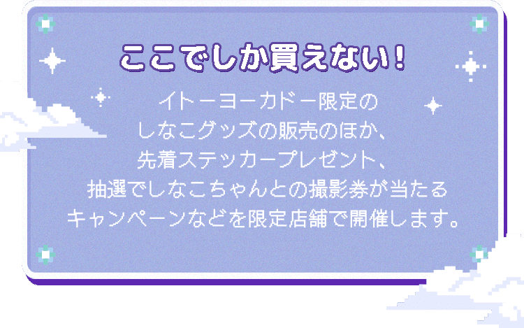 ここでしか買えない！イトーヨーカドー限定のしなこグッズの販売のほか、先着ステッカープレゼント、抽選でしなこちゃんとの撮影券が当たるキャンペーンなどを限定店舗で開催します。