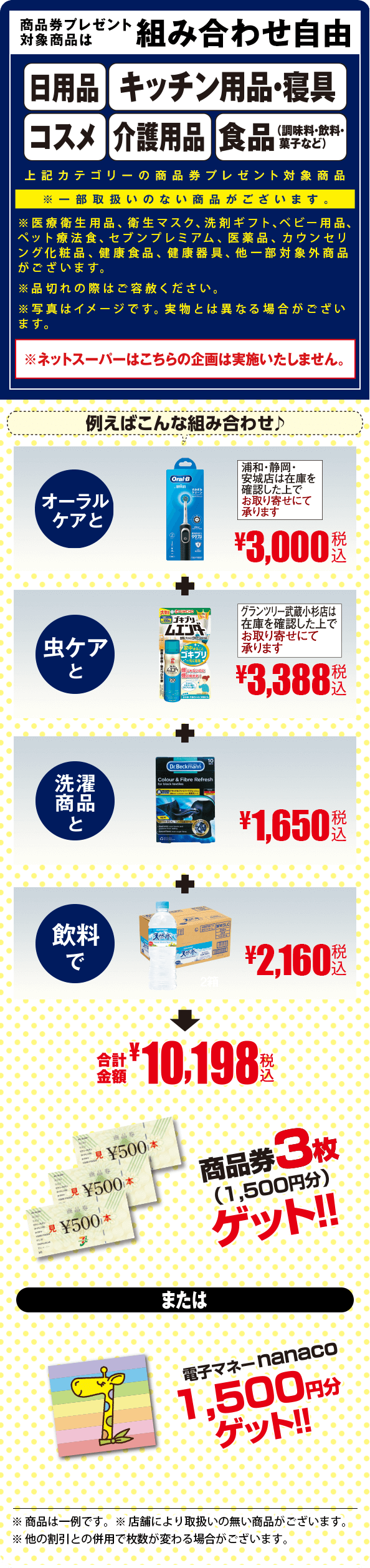 商品券プレゼント対象商品は組み合わせ自由/日用品/キッチン用品/コスメ/介護用品/食品(調味料・飲料・菓子など)/上記カテゴリーの商品券プレゼント対象商品/※一部取り扱いのない商品がございます/※※医療衛生用品、衛生マスク、洗剤ギフト、ベビー用品、ペット療法食、セブンプレミアム、医薬品、カウンセリング化粧品、健康食品、健康器具、他一部対象外商品がございます。
										※品切れの際はご容赦ください。
										※写真はイメージです。実物とは異なる場合がございます。/ネットスーパーはこちらの企画は実施致しません/例えばこんな組み合わせ/オーラルケアと虫ケアと洗濯用品と飲料で/合計金額10,198円/商品券3枚(1,500円分)ゲット/電子マネーnanaco1,500円分ゲット/※商品は一例です※店舗により取り扱いのない商品がございます/他の割引との併用で枚数が変わる場合がございます。/