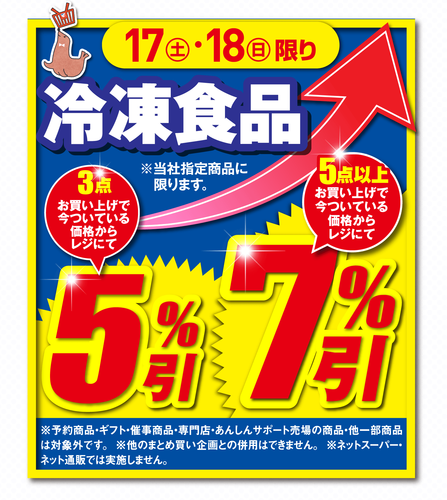 冷凍食品 3点お買い上げで今ついている価格からレジにて5%引、5点以上お買い上げで今ついている価格からレジにて7%引。※当社指定商品に限ります。※予約商品・ギフト・催事商品・専門店・あんしんサポート売場の商品・他一部商品は対象外です。※他のまとめ買い企画との併用はできません。※ネットスーパー・ネット通販では実施しません。