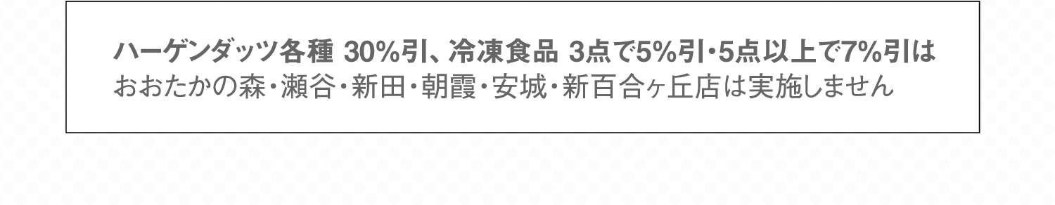 ハーゲンダッツ各種 30%引、冷凍食品 3点で5%引・5点以上で7%引はおおたかの森・瀬谷・新田・朝霞・安城・新百合ヶ丘店は実施しません。